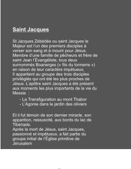 Saint Jacques  St Jacques Zébédée ou saint Jacques le Majeur est l’un des premiers disciples à verser son sang et à mourir pour Jésus. Membre d’une famille de pêcheurs et frère de saint Jean l’Évangéliste, tous deux surnommés Boanerges (« fils du tonnerre ») en raison de leur caractère impétueux, Il appartient au groupe des trois disciples privilégiés qui ont été les plus proches de Jésus. L’apôtre saint Jacques a été présent aux moments les plus importants de la vie du Messie  :       - La Transfiguration au mont Thabor       - L’Agonie dans le jardin des oliviers Et il fut témoin de son dernier miracle, son apparition, ressuscité, aux bords du lac de Tibériade. Après la mort de Jésus, saint Jacques, passionné et impétueux, a fait partie du groupe initial de l’Église primitive de Jérusalem   …  …